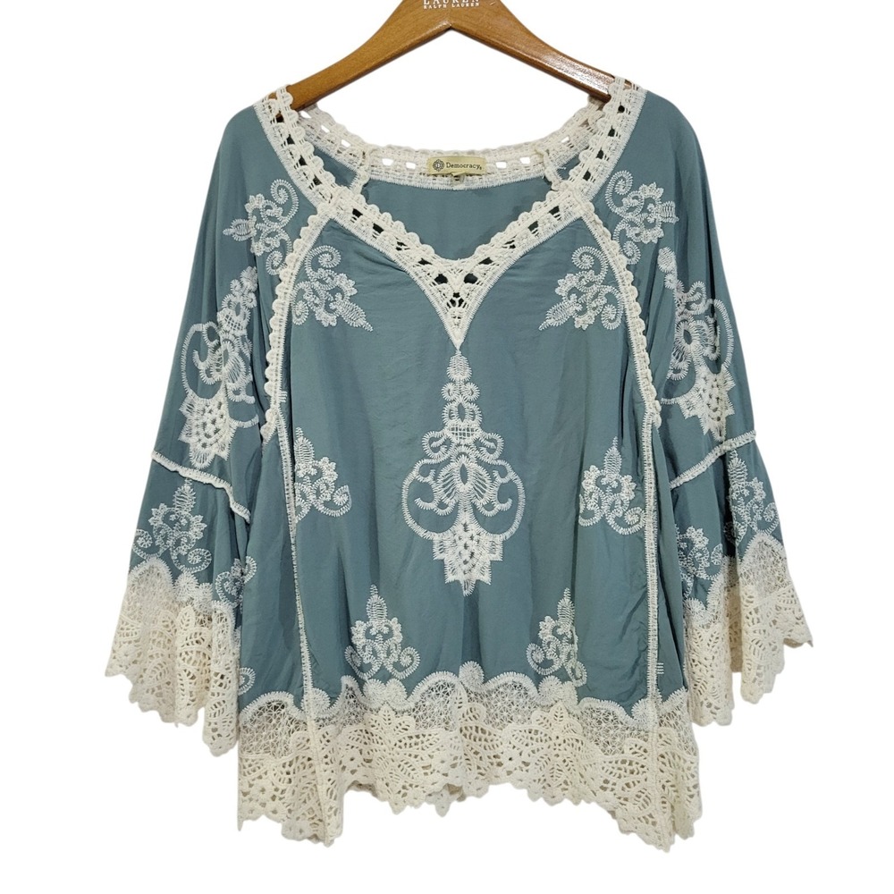 Democracy Peasant Top Womens Large Green Ivory Lace Crochet Flowy Boho